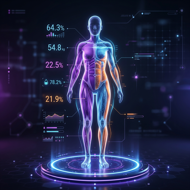Visualização 3D de composição corporal — análise de bioimpedância